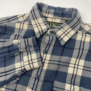 LL Bean Men's Medium Blue Beige Plaid Cotton Long Sleeve Heavy Flannel Shirt